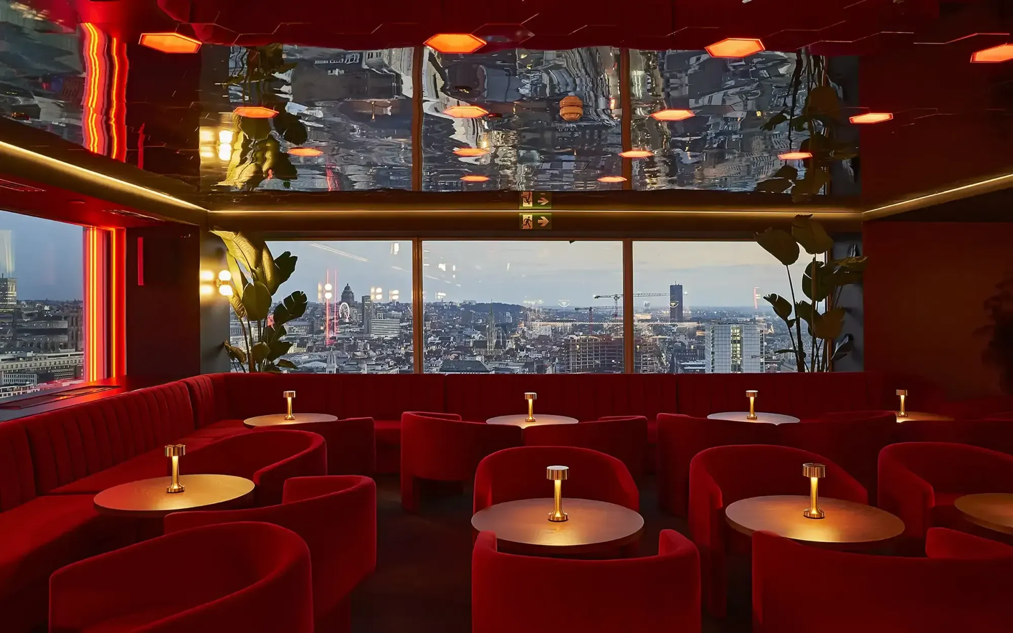 The dining room at Akai, a red rooftop above Brussels
